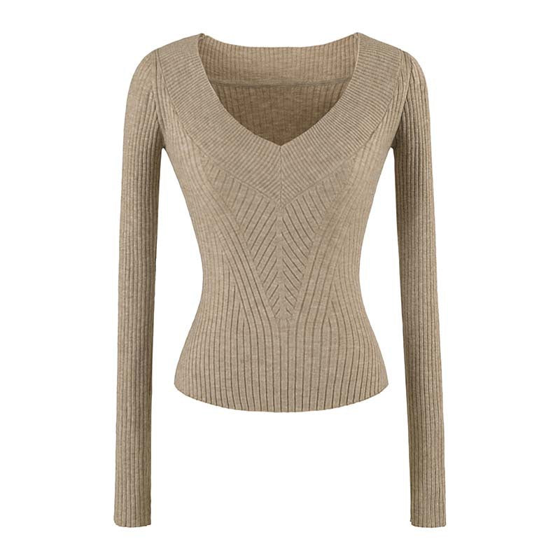 Damen Taillierter Rippstrick-Pullover mit V-Ausschnitt und formgebender Struktur Drune
