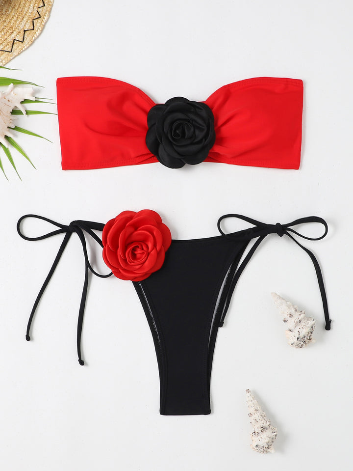 Damen Bandeau Bikini mit Blumenapplikation Drune