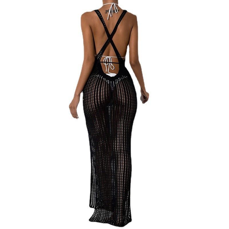 Damen gehäkeltes Maxikleid mit tailliertem Schnitt und seitlichem Kordelzug Drune