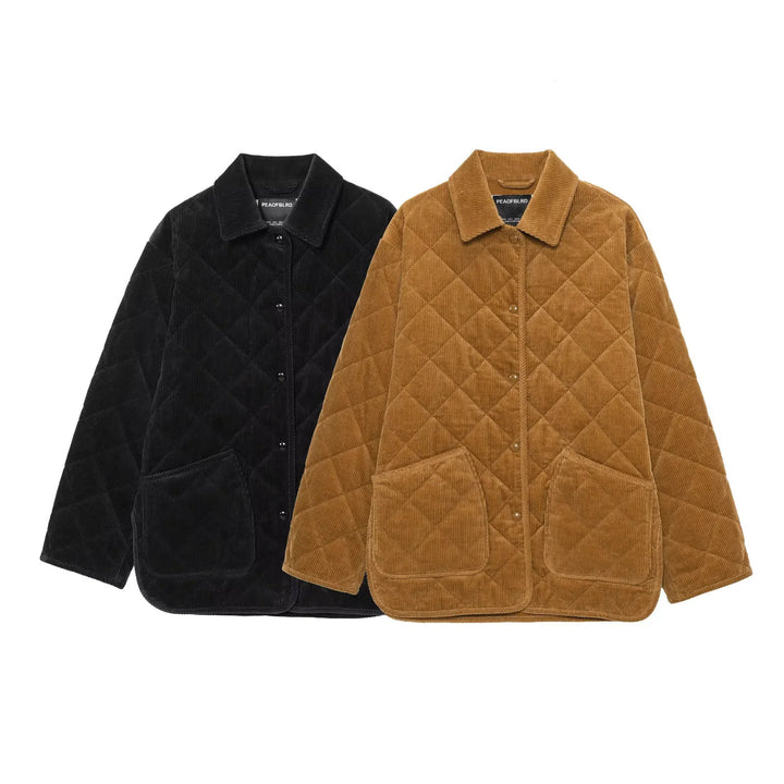 Damen nan gesteppte Cordjacke im Oversize Look mit Hemdkragen und Druckknopfleiste Drune