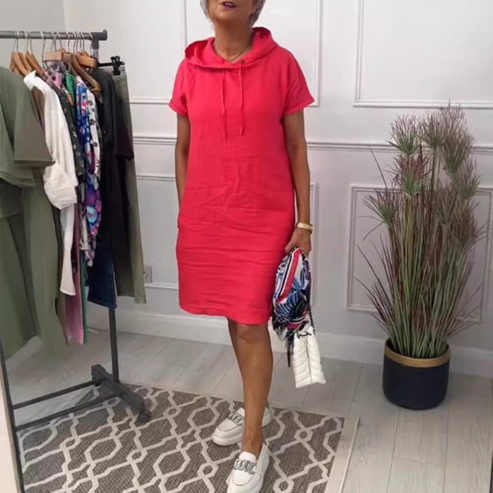 Damen nan lässiges Kapuzen-Midikleid mit kurzen Ärmeln und geradem Relax‑Schnitt Drune