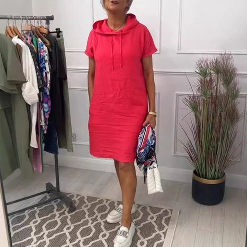 Damen nan legeres Kapuzenkleid mit kurzem Ärmel, geradem Schnitt und Kordelzug Drune