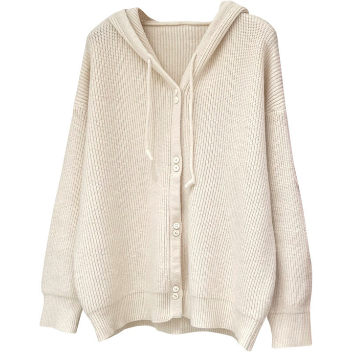 Damen lässige Strickjacke mit Kapuze und Knopfdetails Drune