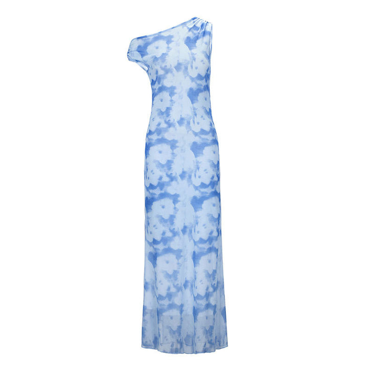 Damen Maxikleid mit asymmetrischem One-Shoulder-Design und zartem Blumendruck Drune