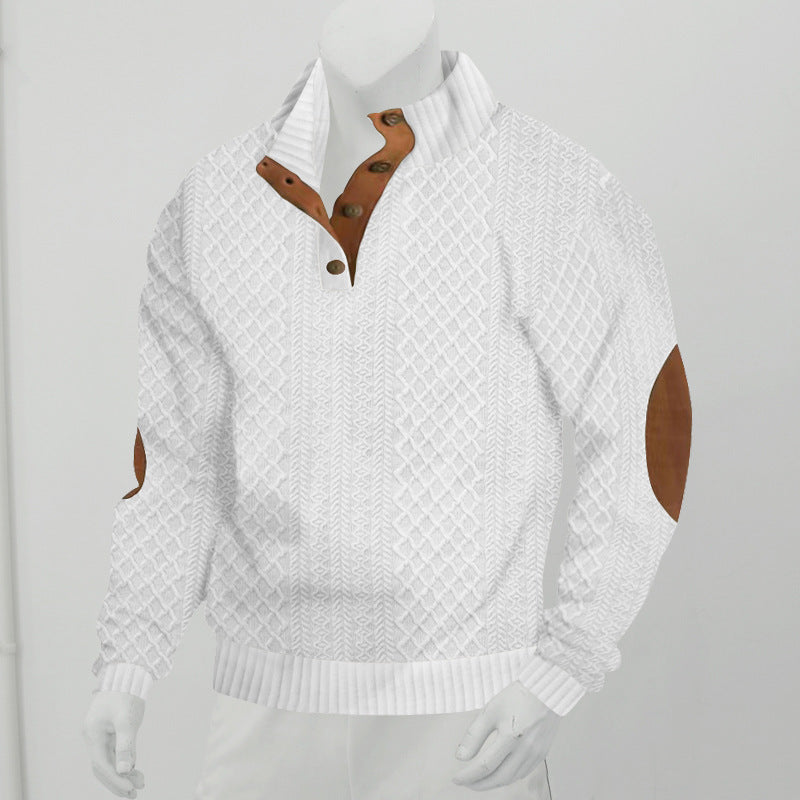 Herren Strukturiertes Zopfmuster-Henley-Pullover mit Lederbesatz an Ellbogen & Knopfleiste Drune