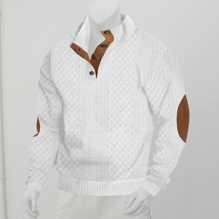 Herren Strukturiertes Zopfmuster-Henley-Pullover mit Lederbesatz an Ellbogen & Knopfleiste Drune