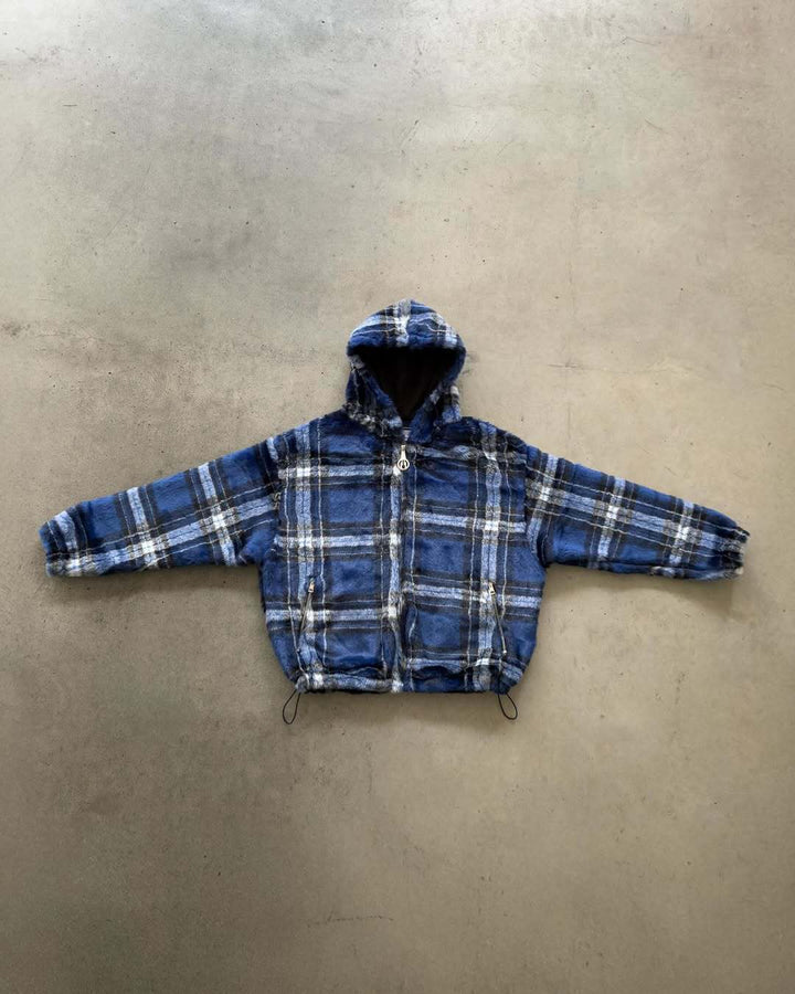 Unisex nan gefütterte Plaid-Fleece-Bomberjacke mit Kapuze Kordelzug und Reißverschlusstaschen Drune