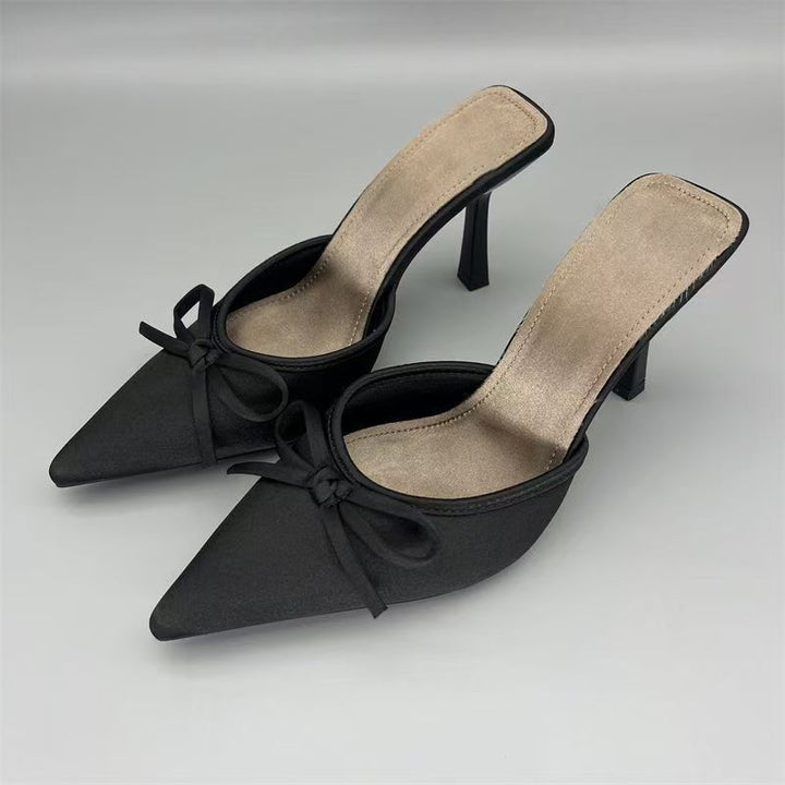 Damen Spitz zulaufende Satinähnliche Mule mit zierlicher Schleifen-Applikation und schlankem Stiletto-Absatz Drune