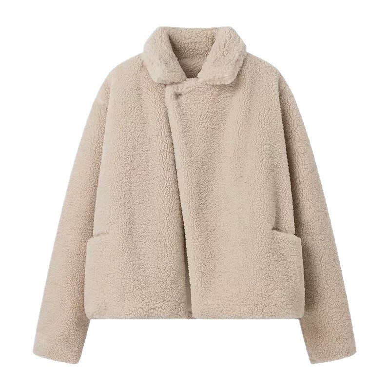 Damen Kurz geschnittene Teddyjacke im Lammfell‑Look mit Oversize‑Reverskragen Drune