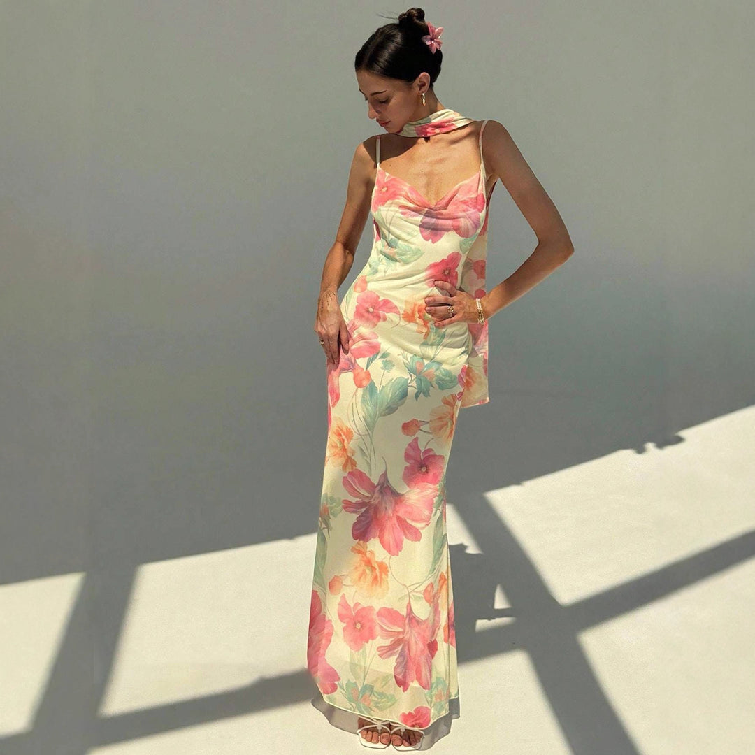 Damen Maxikleid mit raffinierten Spaghettiträgern und floralem Design Drune