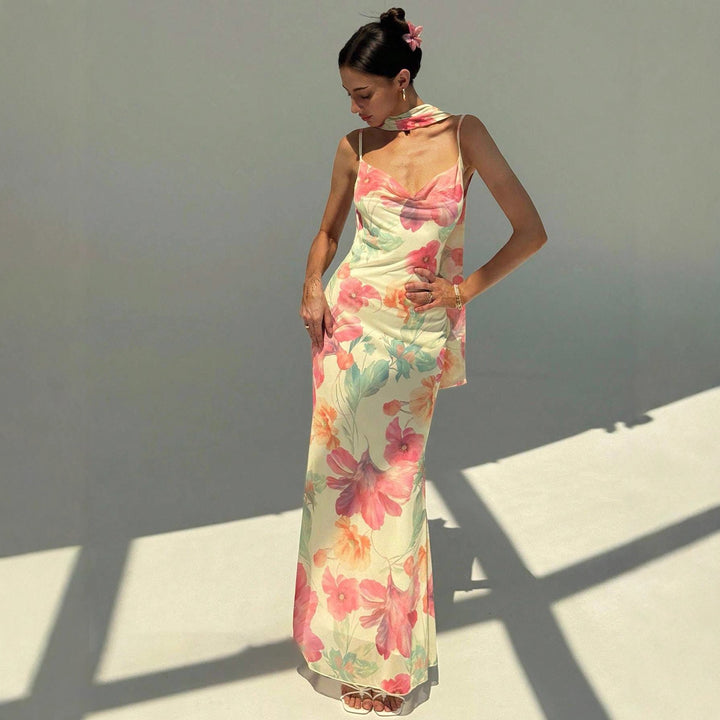 Damen Maxikleid mit raffinierten Spaghettiträgern und floralem Design Drune