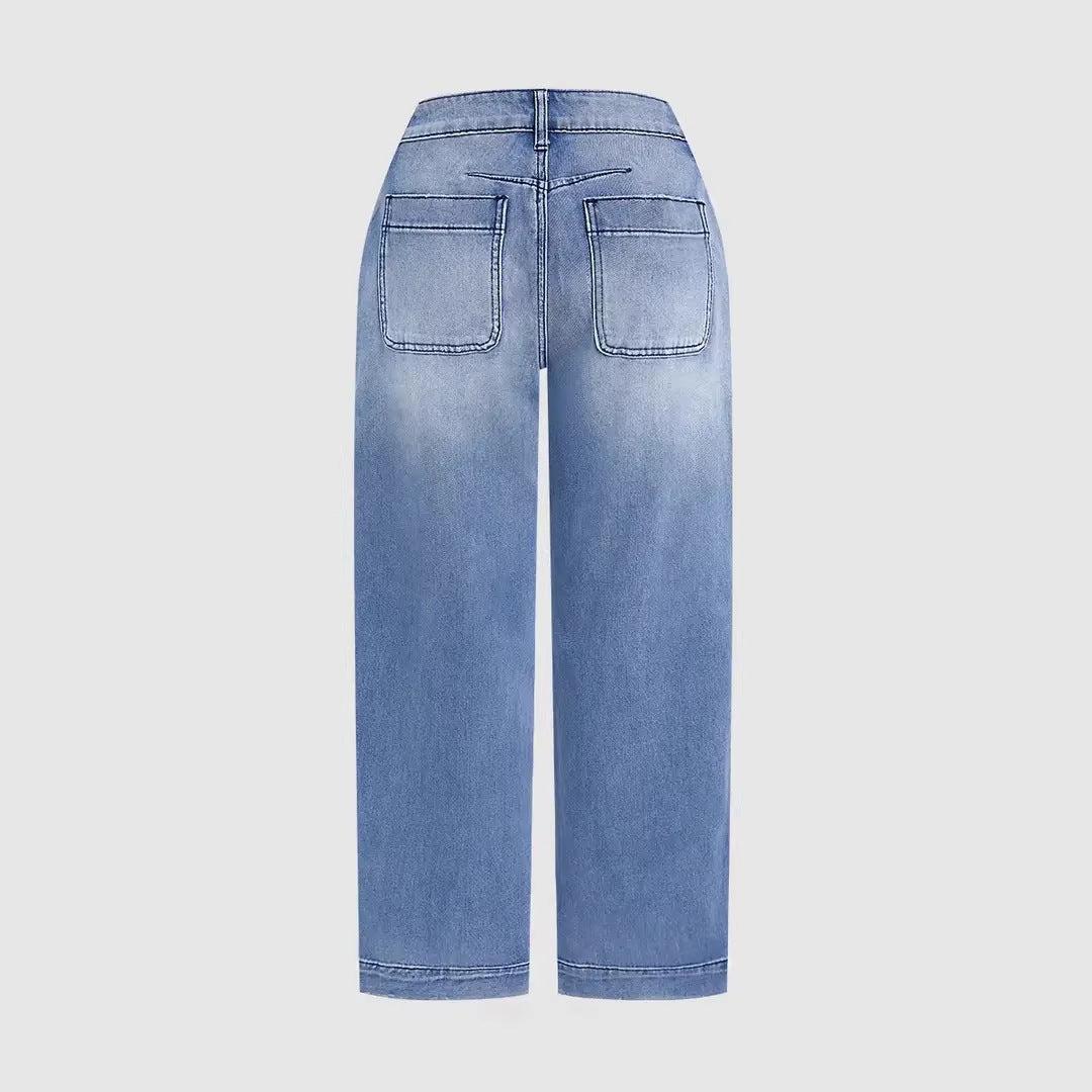 Damen lockere Jeans mit stylish cropped Schnitt und hohem Bund Drune