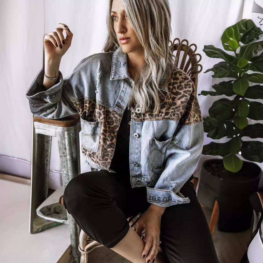 Damen Jeansjacke mit Leopardendruck und lässigem Schnitt Drune