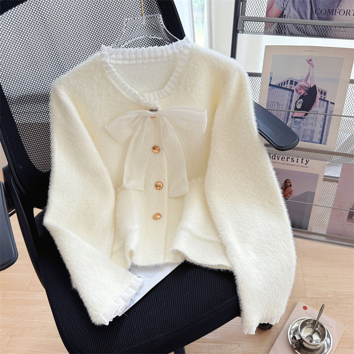 Damen Flauschiger Cardigan mit elegantem Schleifenkragen und dekorativen Knöpfen Drune