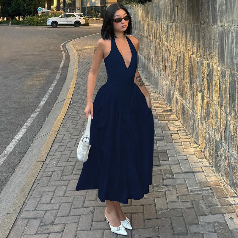 Damen Elegantes Maxikleid mit tiefem V-Ausschnitt und fließendem Rock Drune