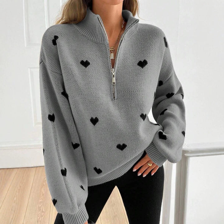 Damen Oversize Strickpullover mit Half-Zip und Herzmotiv Drune