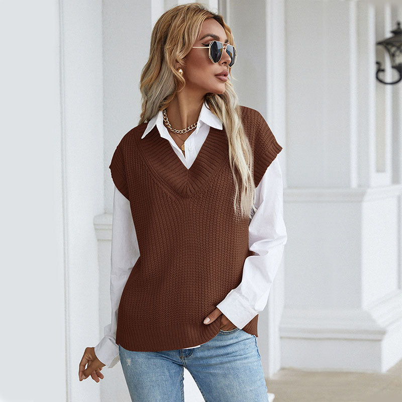 Damen Grobgestrickte Oversize-Weste mit tiefem V‑Ausschnitt und Rippsaum Drune
