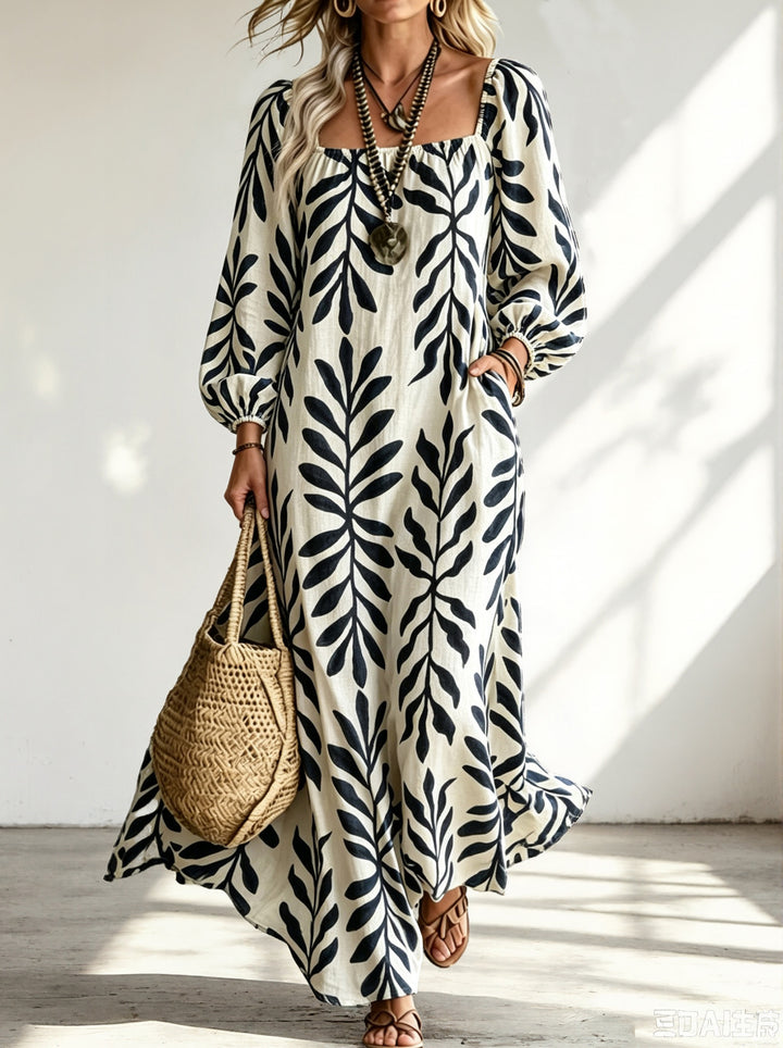 Damen Maxikleid mit quadratischem Ausschnitt, Ballonärmeln und botanischem Print Drune