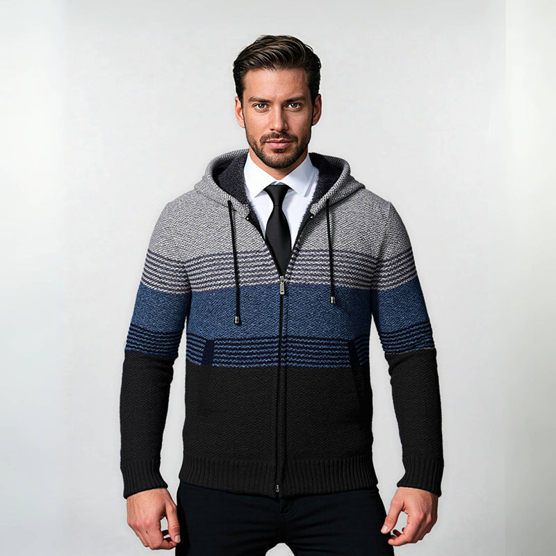 Herren Kapuzen-Strickzipjacke mit farbverlaufendem Blockstreifenmuster und thermischer Struktur Drune