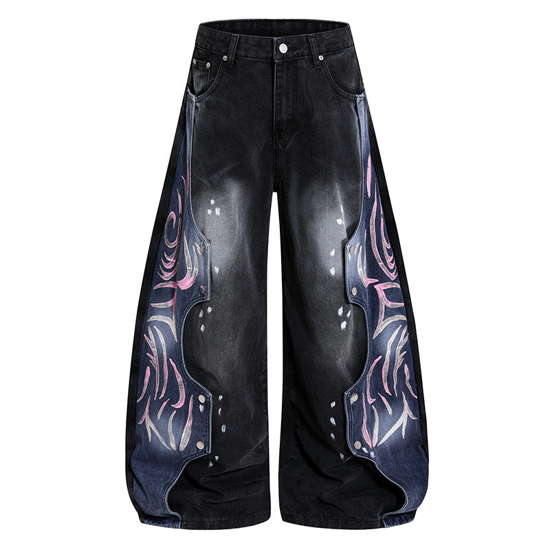 Damen High‑Waist weite Balloon‑Denim‑Culotte mit kontrastseitigen Artwork‑Paneelen Drune