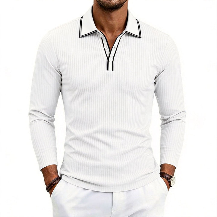 Herren fein geripptes Langarm-Poloshirt aus elastischer Merino-Mixqualität mit Kontrastkanten Drune