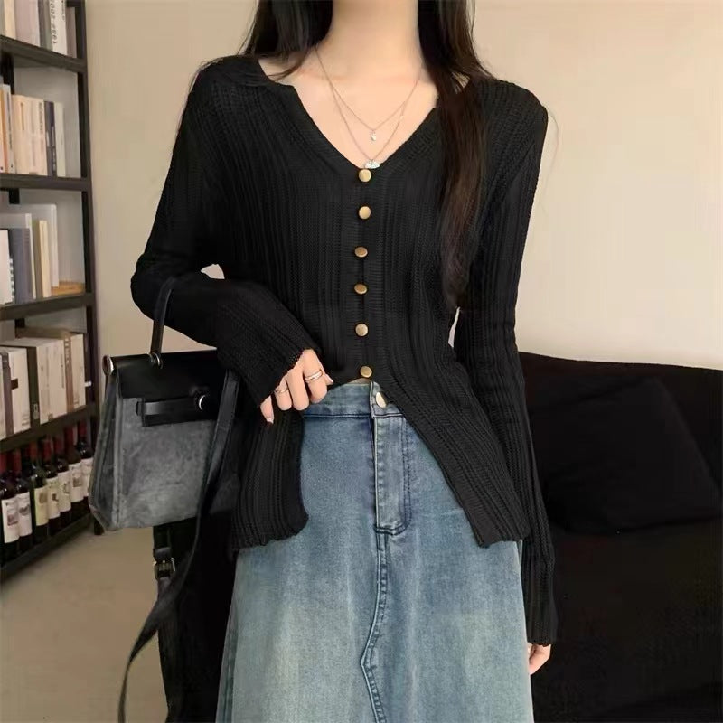 Damen eleganter V-Ausschnitt Pullover mit Knopfdetail und lässigen Ärmeln Drune
