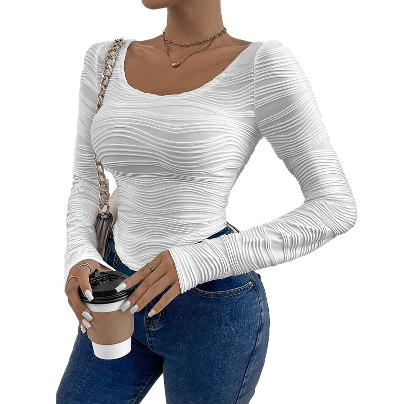 Damen Enganliegendes Struktur-Langarmshirt mit Wellenstruktur und U-Ausschnitt Drune