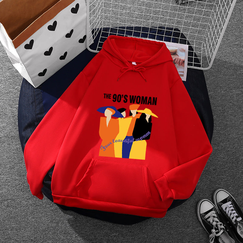Damen nan weit geschnittener Kapuzenpullover mit Neunzigerjahre-Illustrationsprint, angerautem Fleece und Kängurutasche Drune