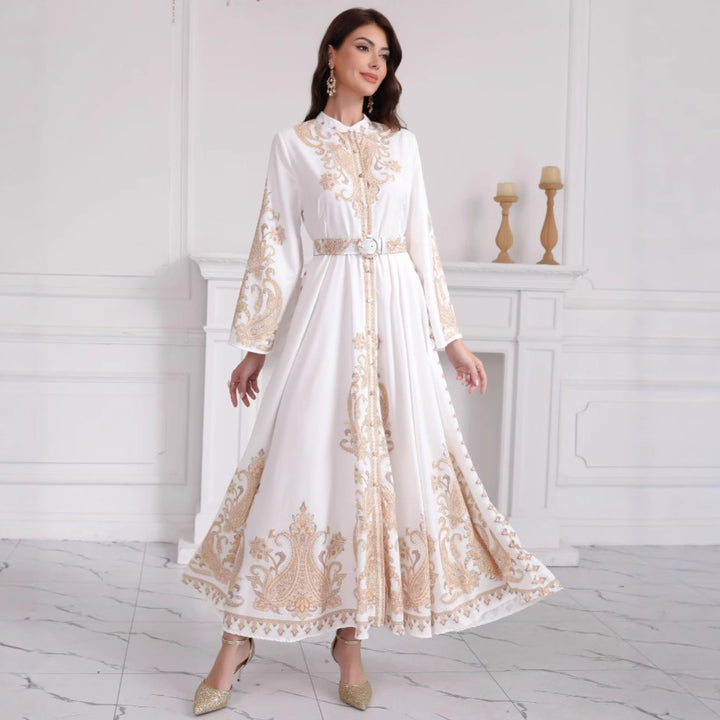 Damen Besticktes Maxikleid mit Stehkragen, Taillengürtel und Orientalischem Paisley-Motiv Drune