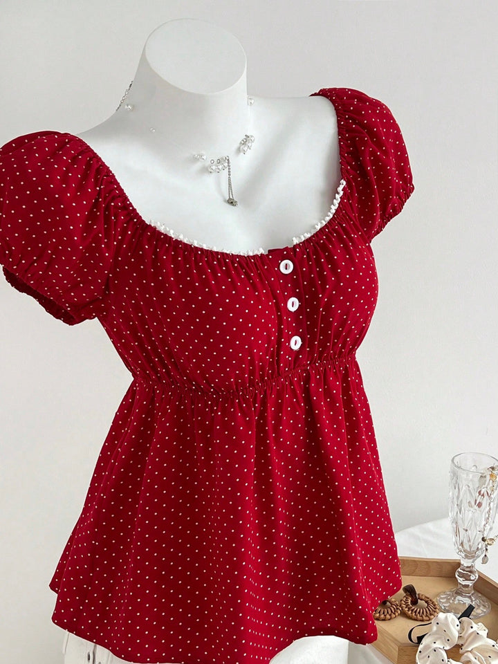 Damen Sommerkleid mit Puffärmeln und süßem Punkten Drune