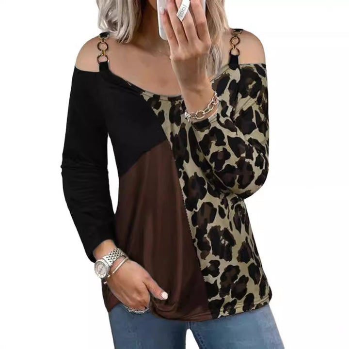 Frauen Off-Shoulder Patchwork Langarm mit Leopardenmuster und Ringdetail-Trägerdrune