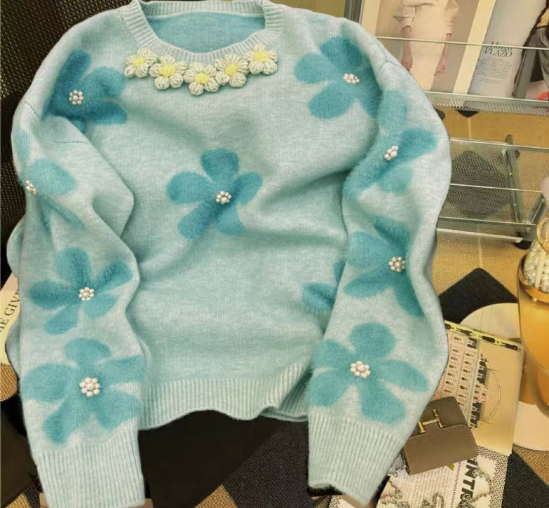 Damen Strickpullover mit floralen Applikationen und Perlendetails Drune