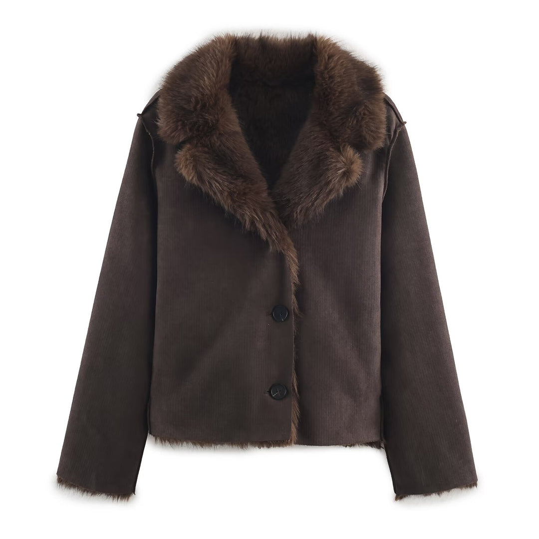 Damen modische Kunstlederjacke mit luxuriösem Teddyfutter Drune
