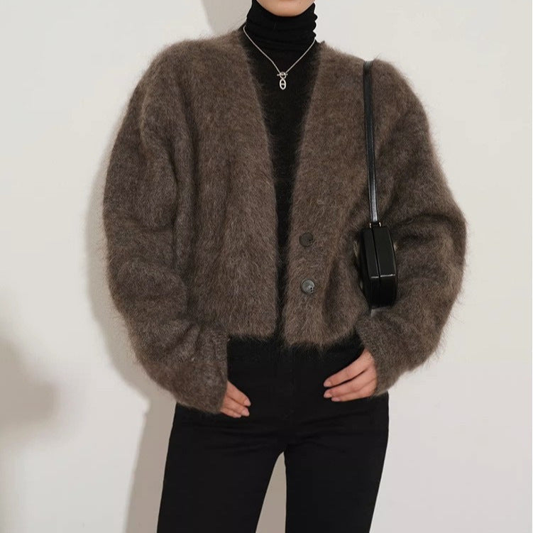 Damen elegante Strickjacke mit modernem Schnitt und hohen Kragen Drune