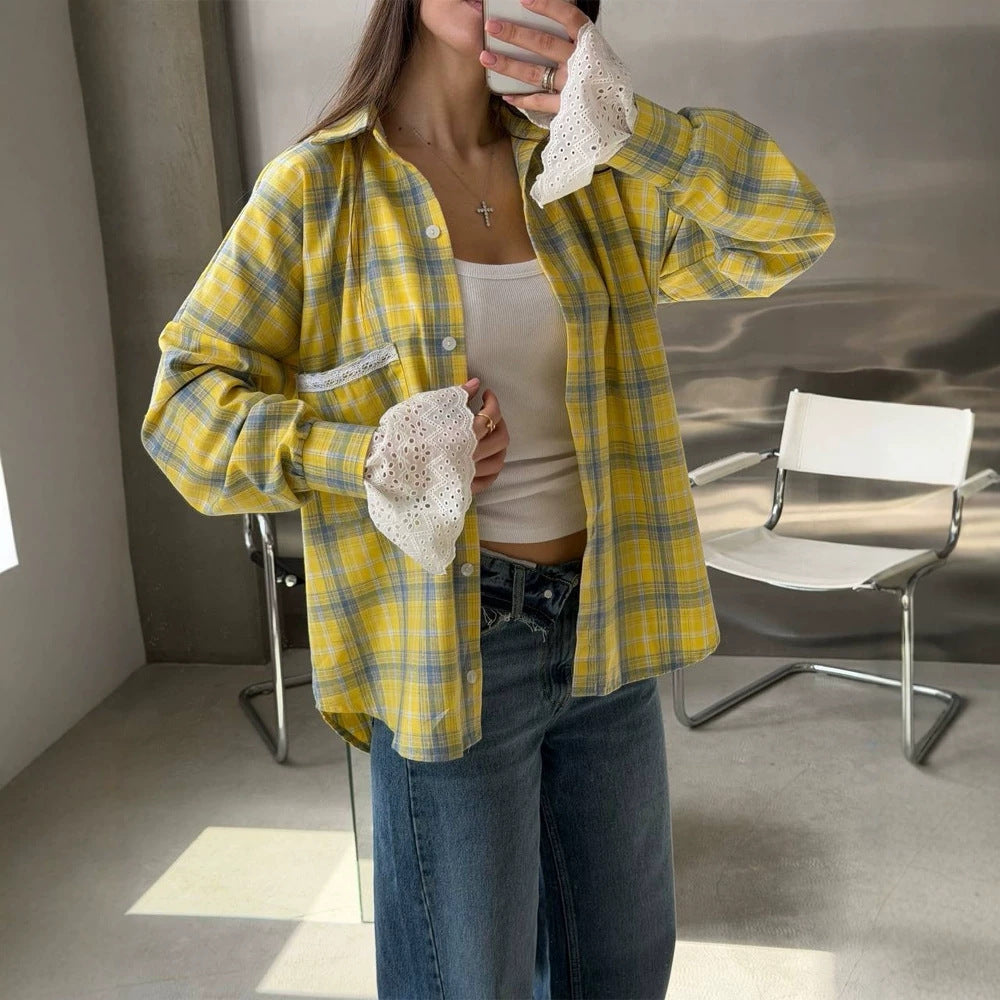 Damen Oversize-kariertes Flanellhemd mit Spitzenmanschetten und Zierpaspel Drune
