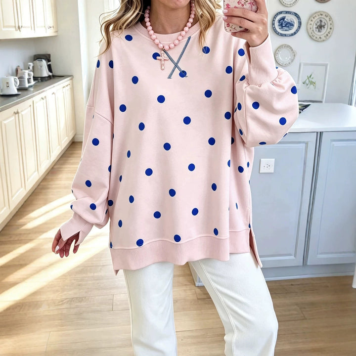 Damen Oversize-Sweatshirt mit Puffärmeln, Polka-Dots und Seitenschlitzen Drune