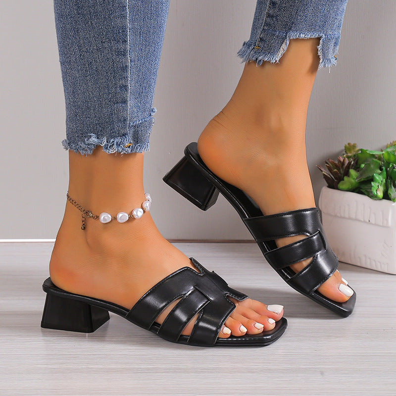 Damen Slip-On Mules mit geflochtenen Riemen und mittelhohem Blockabsatz Drune