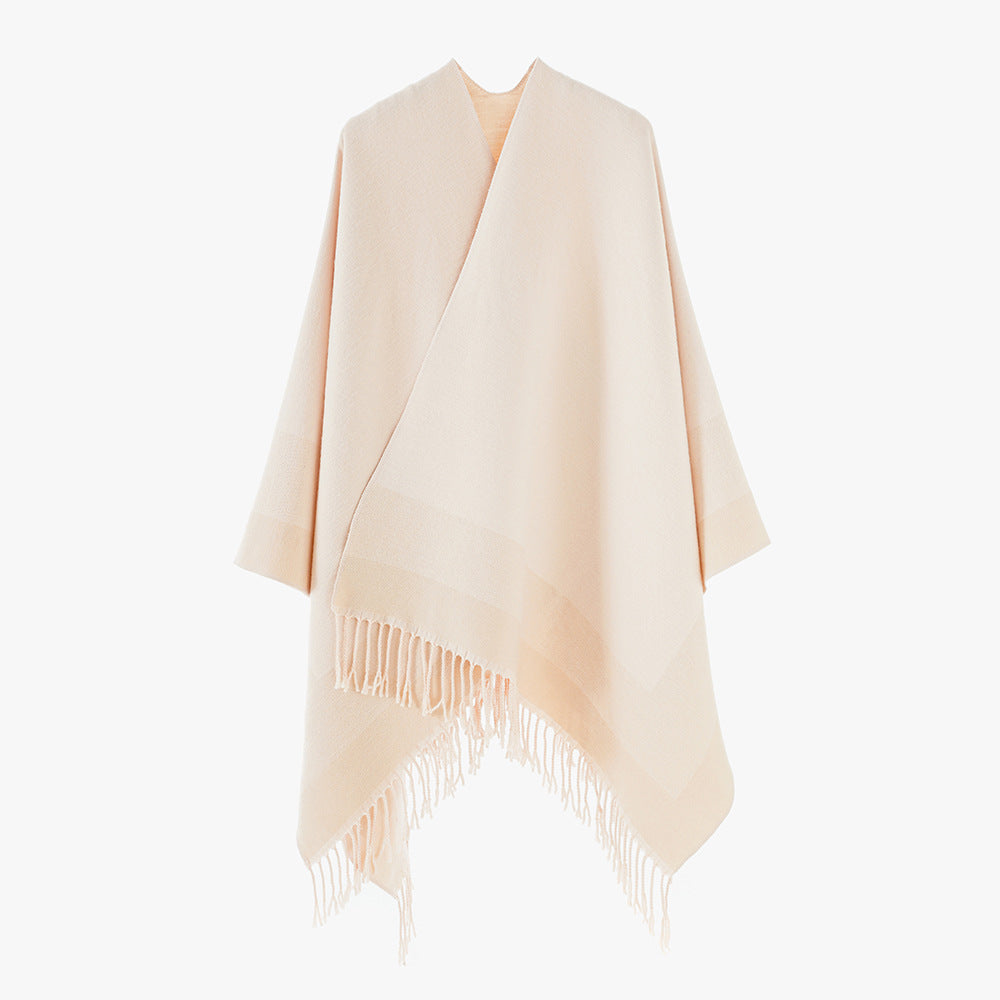 Damen Oversize Capeponcho aus feinem Wollmix mit V‑Ausschnitt, Streifenbordüre und Fransensaum Drune