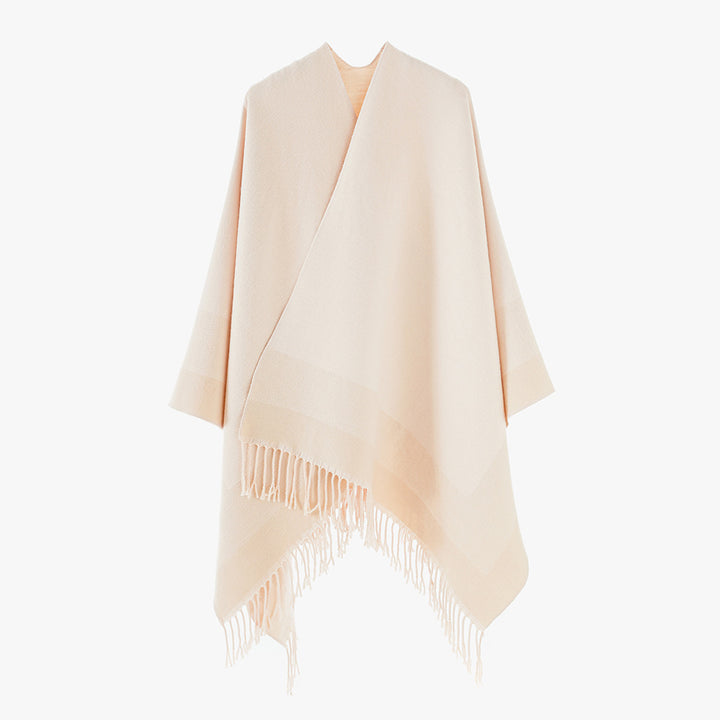 Damen Oversize Capeponcho aus feinem Wollmix mit V‑Ausschnitt, Streifenbordüre und Fransensaum Drune