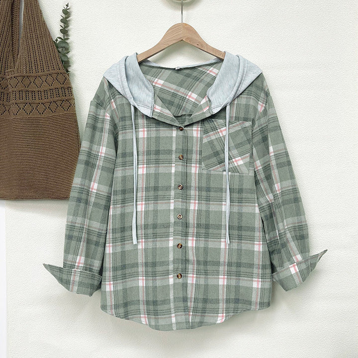 Damen nostalgische Karobluse mit Kapuze und Knopfverschluss Drune