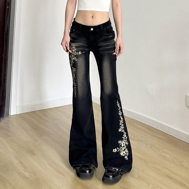 Damen hochtaillierte Schlagjeans mit floraler Stickerei und verwaschenem Look Drune