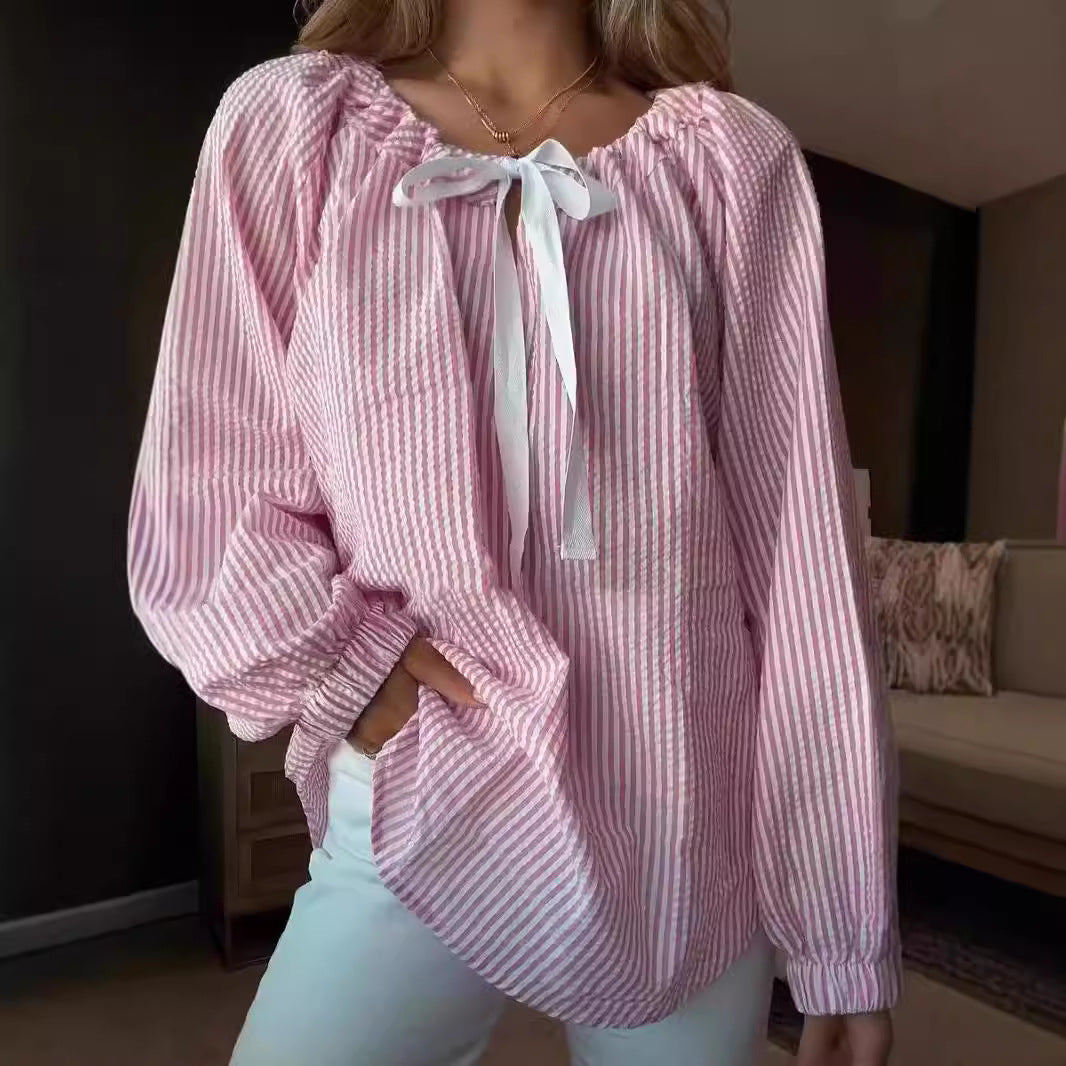 Damen Bluse mit elastischem Ausschnitt und Schleifenbindung Drune