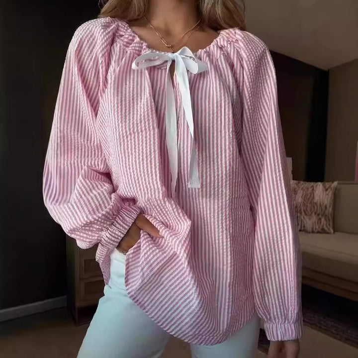 Damen Bluse mit elastischem Ausschnitt und Schleifenbindung Drune