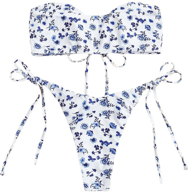 Damen Bandeau-Bikini mit floralen Akzenten und verspieltem Schnürdetail Drune