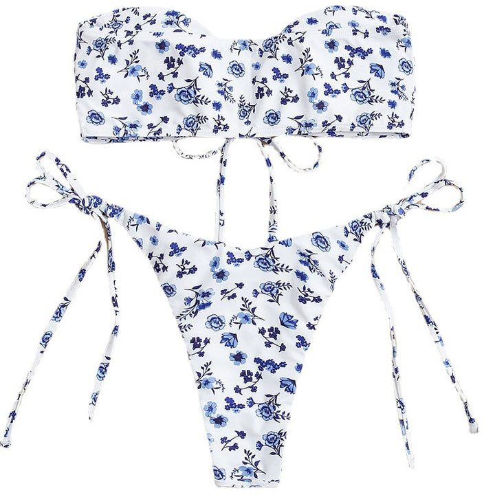 Damen Bandeau-Bikini mit floralen Akzenten und verspieltem Schnürdetail Drune