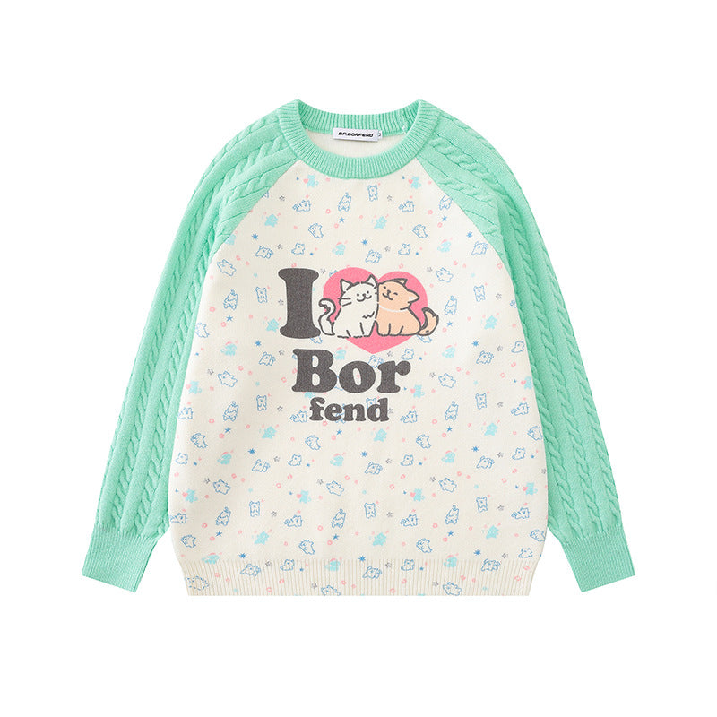 Damen Strickpullover mit Raglanärmeln, Zopfmuster-Ärmeln und Cartoon-Katzenfrontprint Drune