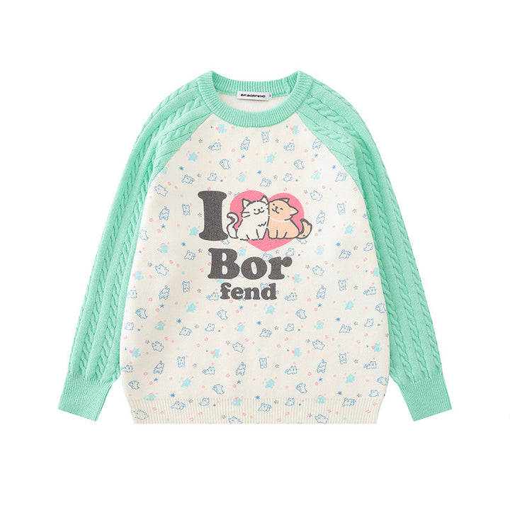 Damen Strickpullover mit Raglanärmeln, Zopfmuster-Ärmeln und Cartoon-Katzenfrontprint Drune