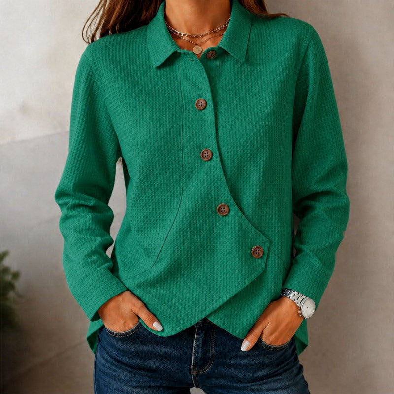Damen strukturierte Waffel-Hemdjacke mit asymmetrischer Knopfleiste und Eingrifftasche Drune