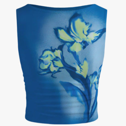 Damen ärmelloses Crop-Top mit floralem Motiv und figurbetontem Schnitt Drune