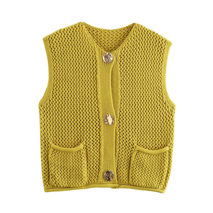 Damen gestrickte Weste mit feinem Lochmuster und praktischen Taschen Drune